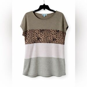 She + Sky Olive, Leopard & Cream Colorblock Short Sleeve Top